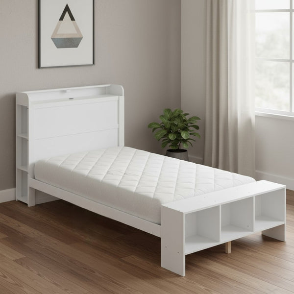 HomeRoots White Wood Twin Bed Frame with Built-In USB Port - Modern Design, Durable & Space-Saving Solution! 590566