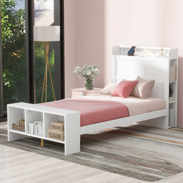 HomeRoots White Wood Twin Bed Frame with Built-In USB Port - Modern Design, Durable & Space-Saving Solution! 590566