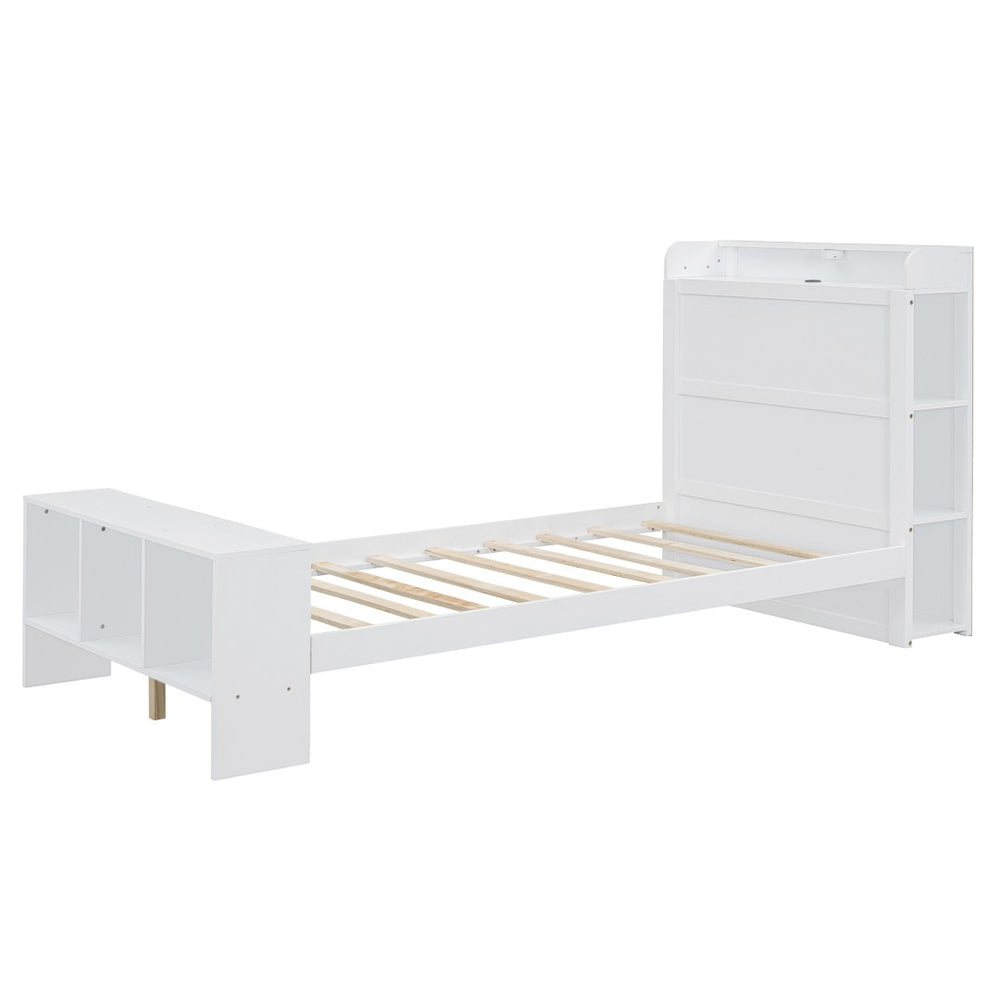 HomeRoots White Wood Twin Bed Frame with Built-In USB Port - Modern Design, Durable & Space-Saving Solution! 590566