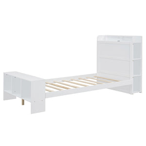 HomeRoots White Wood Twin Bed Frame with Built-In USB Port - Modern Design, Durable & Space-Saving Solution! 590566