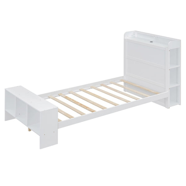 HomeRoots White Wood Twin Bed Frame with Built-In USB Port - Modern Design, Durable & Space-Saving Solution! 590566
