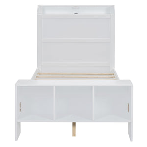 HomeRoots White Wood Twin Bed Frame with Built-In USB Port - Modern Design, Durable & Space-Saving Solution! 590566