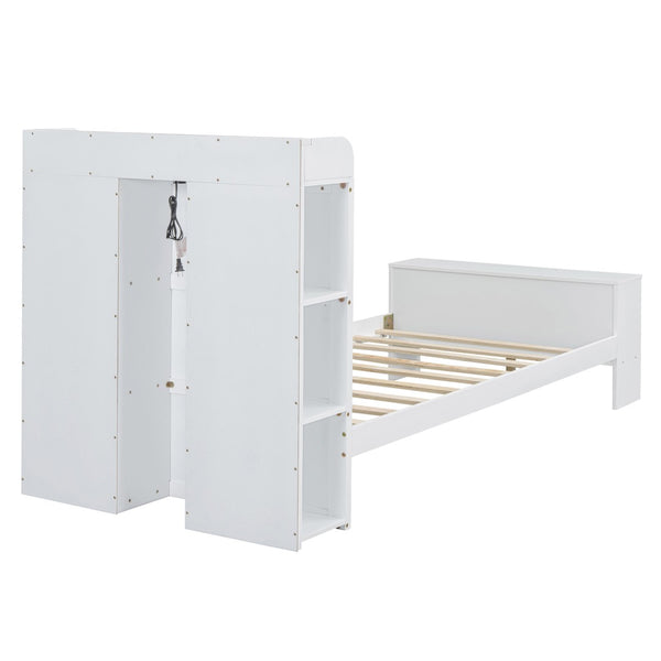 HomeRoots White Wood Twin Bed Frame with Built-In USB Port - Modern Design, Durable & Space-Saving Solution! 590566