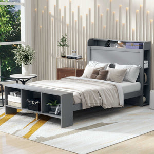 HomeRoots Gray Wood Full Bed Frame with Integrated LED Lighting & USB Port for Modern Bedroom Comfort 590567