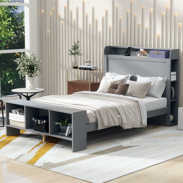 HomeRoots Gray Wood Full Bed Frame with Integrated LED Lighting & USB Port for Modern Bedroom Comfort 590567