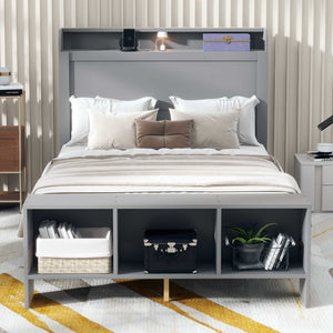 HomeRoots Gray Wood Full Bed Frame with Integrated LED Lighting & USB Port for Modern Bedroom Comfort 590567