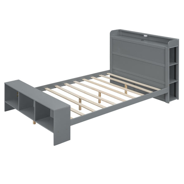 HomeRoots Gray Wood Full Bed Frame with Integrated LED Lighting & USB Port for Modern Bedroom Comfort 590567