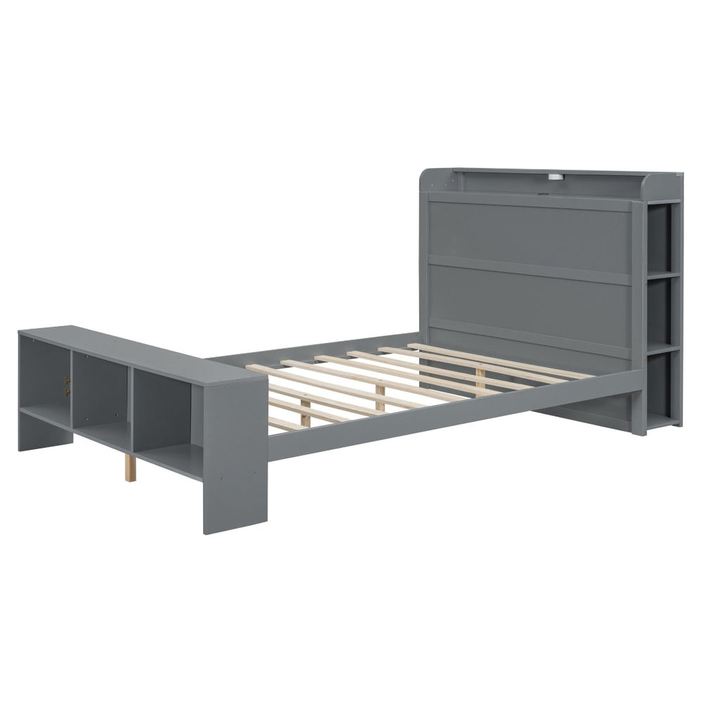 HomeRoots Gray Wood Full Bed Frame with Integrated LED Lighting & USB Port for Modern Bedroom Comfort 590567