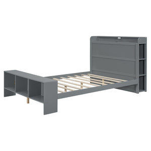 HomeRoots Gray Wood Full Bed Frame with Integrated LED Lighting & USB Port for Modern Bedroom Comfort 590567