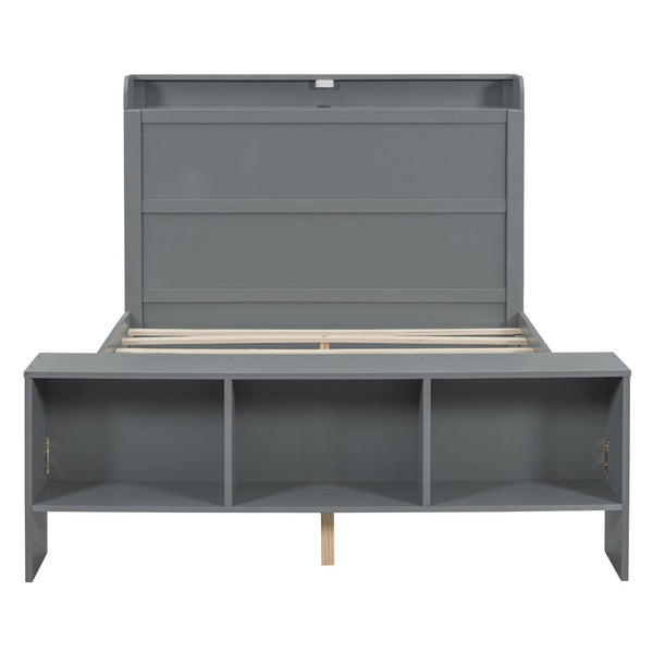 HomeRoots Gray Wood Full Bed Frame with Integrated LED Lighting & USB Port for Modern Bedroom Comfort 590567