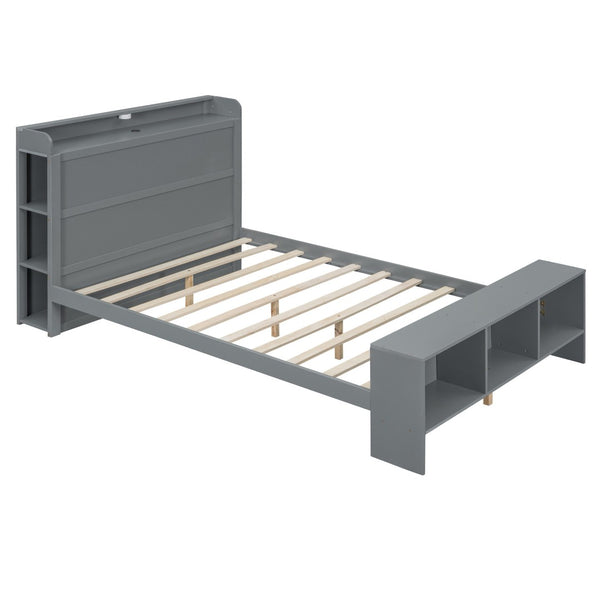 HomeRoots Gray Wood Full Bed Frame with Integrated LED Lighting & USB Port for Modern Bedroom Comfort 590567