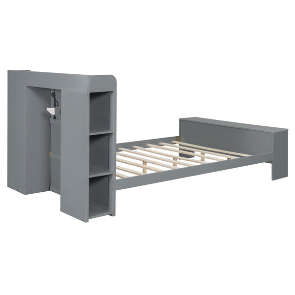 HomeRoots Gray Wood Full Bed Frame with Integrated LED Lighting & USB Port for Modern Bedroom Comfort 590567