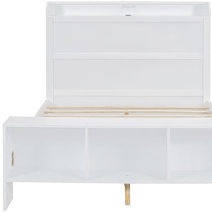 HomeRoots White Wood Full Bed Frame with LED Lights, USB Charging, Modern Design & Sturdy Support System 590568