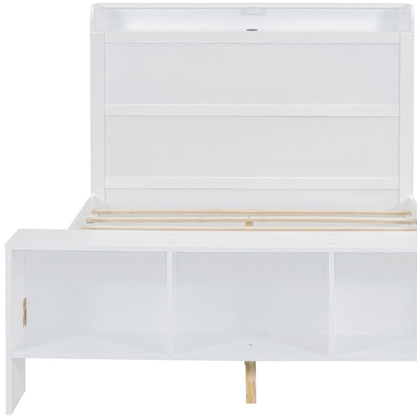 HomeRoots White Wood Full Bed Frame with LED Lights, USB Charging, Modern Design & Sturdy Support System 590568