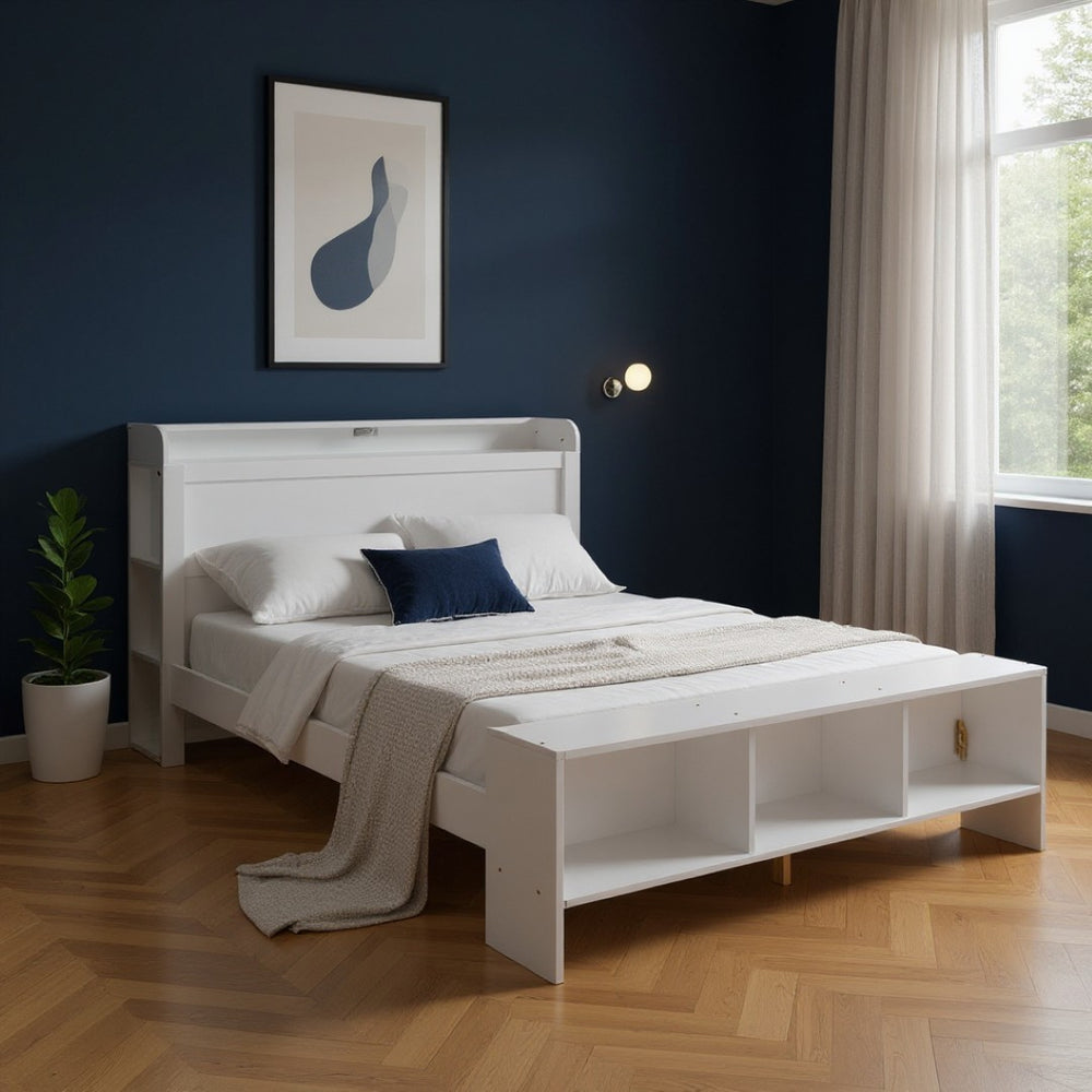 HomeRoots White Wood Full Bed Frame with LED Lights, USB Charging, Modern Design & Sturdy Support System 590568