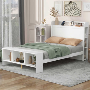 HomeRoots White Wood Full Bed Frame with LED Lights, USB Charging, Modern Design & Sturdy Support System 590568
