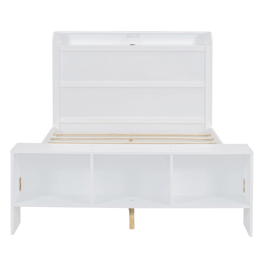 HomeRoots White Wood Full Bed Frame with LED Lights, USB Charging, Modern Design & Sturdy Support System 590568