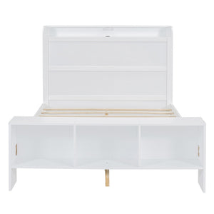 HomeRoots White Wood Full Bed Frame with LED Lights, USB Charging, Modern Design & Sturdy Support System 590568