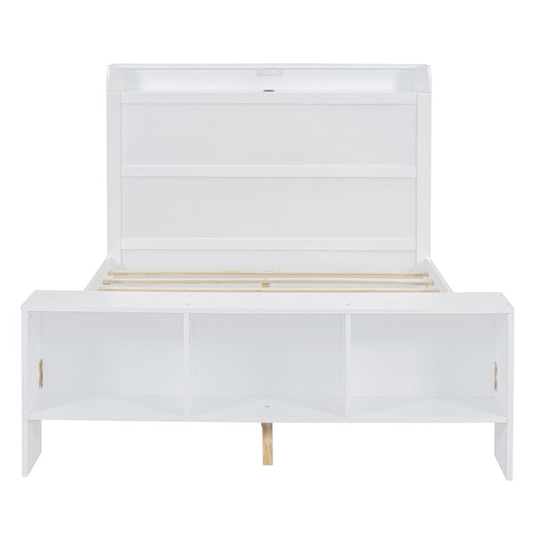 HomeRoots White Wood Full Bed Frame with LED Lights, USB Charging, Modern Design & Sturdy Support System 590568