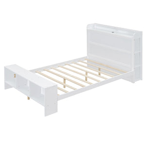 HomeRoots White Wood Full Bed Frame with LED Lights, USB Charging, Modern Design & Sturdy Support System 590568