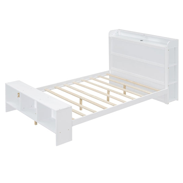 HomeRoots White Wood Full Bed Frame with LED Lights, USB Charging, Modern Design & Sturdy Support System 590568