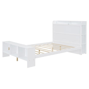 HomeRoots White Wood Full Bed Frame with LED Lights, USB Charging, Modern Design & Sturdy Support System 590568