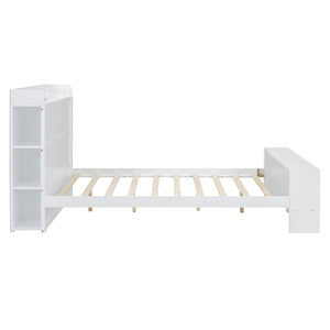 HomeRoots White Wood Full Bed Frame with LED Lights, USB Charging, Modern Design & Sturdy Support System 590568