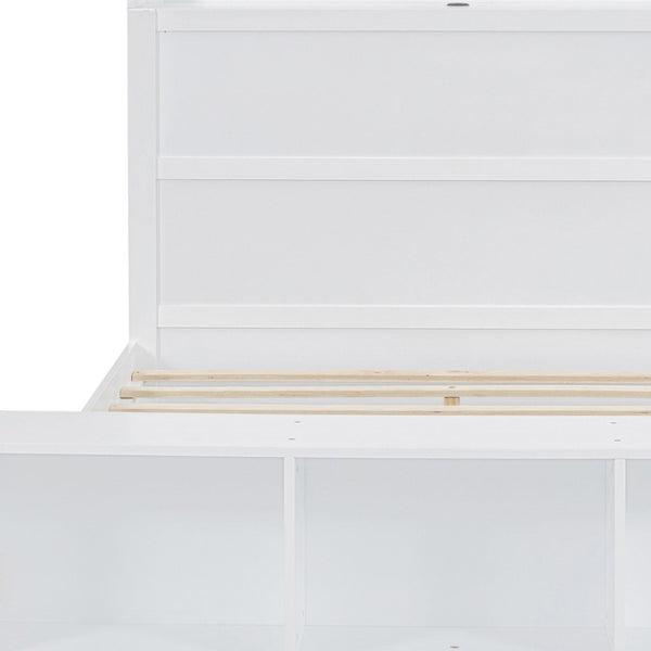 HomeRoots White Wood Full Bed Frame with LED Lights, USB Charging, Modern Design & Sturdy Support System 590568