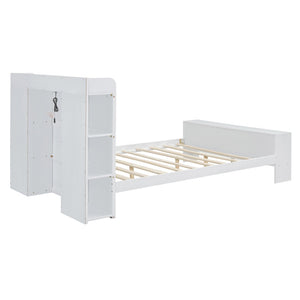 HomeRoots White Wood Full Bed Frame with LED Lights, USB Charging, Modern Design & Sturdy Support System 590568