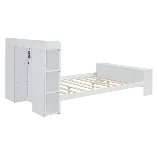 HomeRoots White Wood Full Bed Frame with LED Lights, USB Charging, Modern Design & Sturdy Support System 590568