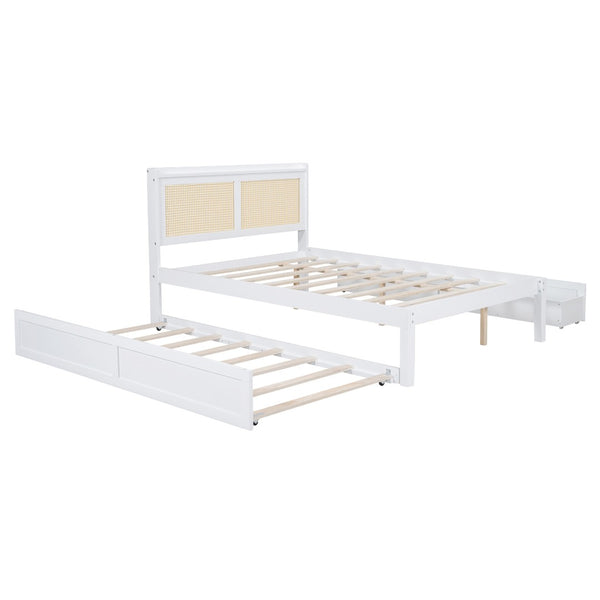 HomeRoots White Wood Full Bed Frame with Trundle, USB Charging & Supportive Slats for Modern Bedrooms 590571