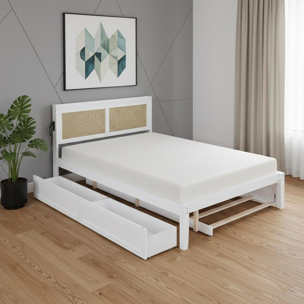 HomeRoots White Wood Full Bed Frame with Trundle, USB Charging & Supportive Slats for Modern Bedrooms 590571