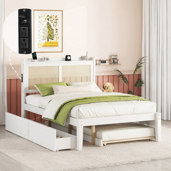 HomeRoots White Wood Full Bed Frame with Trundle, USB Charging & Supportive Slats for Modern Bedrooms 590571