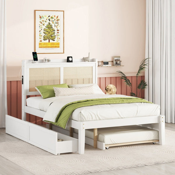 HomeRoots White Wood Full Bed Frame with Trundle, USB Charging & Supportive Slats for Modern Bedrooms 590571