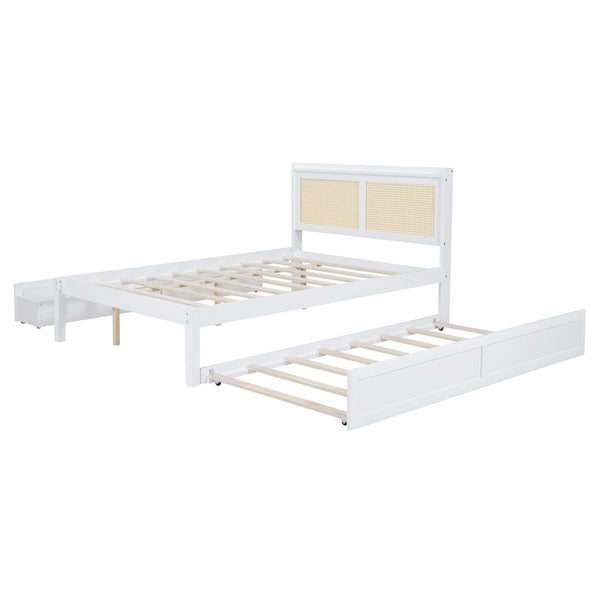 HomeRoots White Wood Full Bed Frame with Trundle, USB Charging & Supportive Slats for Modern Bedrooms 590571