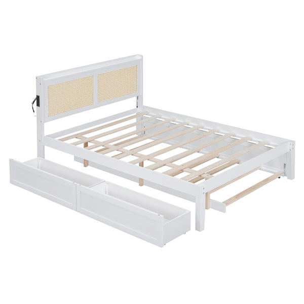 HomeRoots White Wood Full Bed Frame with Trundle, USB Charging & Supportive Slats for Modern Bedrooms 590571
