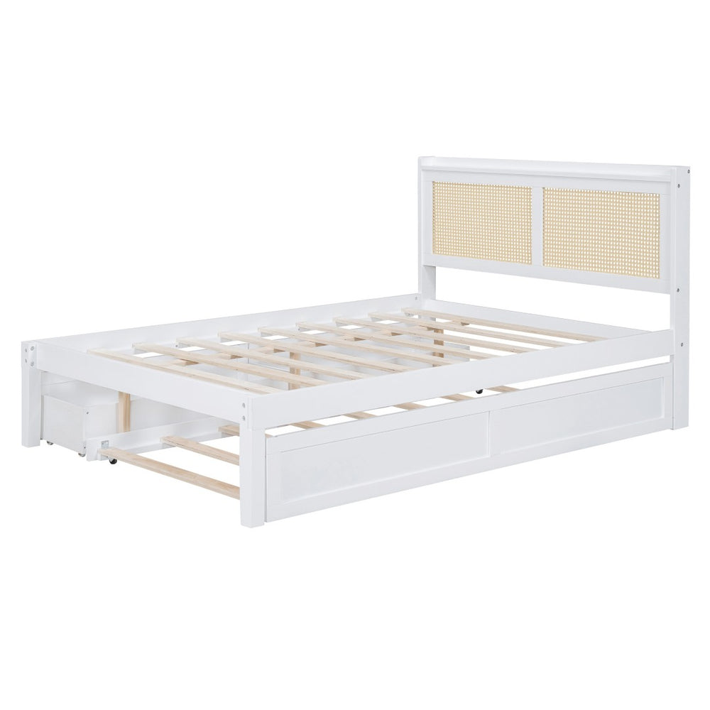 HomeRoots White Wood Full Bed Frame with Trundle, USB Charging & Supportive Slats for Modern Bedrooms 590571