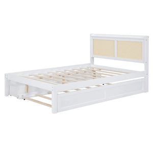 HomeRoots White Wood Full Bed Frame with Trundle, USB Charging & Supportive Slats for Modern Bedrooms 590571