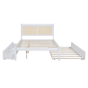 HomeRoots White Wood Full Bed Frame with Trundle, USB Charging & Supportive Slats for Modern Bedrooms 590571