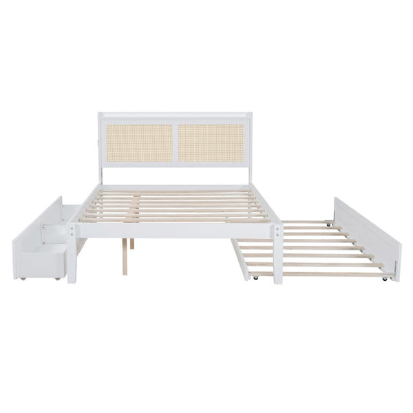 HomeRoots White Wood Full Bed Frame with Trundle, USB Charging & Supportive Slats for Modern Bedrooms 590571