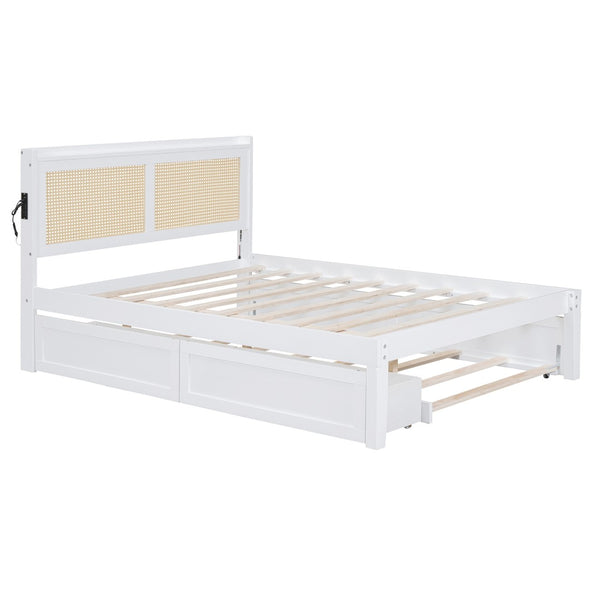 HomeRoots White Wood Full Bed Frame with Trundle, USB Charging & Supportive Slats for Modern Bedrooms 590571