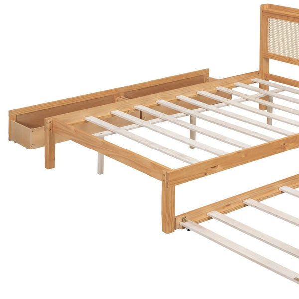 HomeRoots Natural Wood Full Bed Frame with Trundle, USB Port & Storage Drawers for Smart Bedroom Solutions 590572