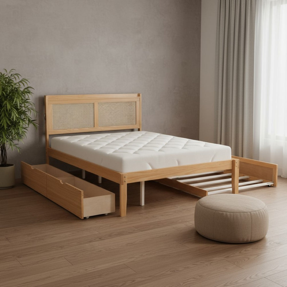 HomeRoots Natural Wood Full Bed Frame with Trundle, USB Port & Storage Drawers for Smart Bedroom Solutions 590572