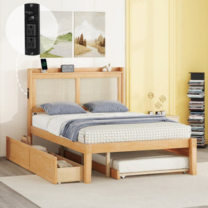 HomeRoots Natural Wood Full Bed Frame with Trundle, USB Port & Storage Drawers for Smart Bedroom Solutions 590572