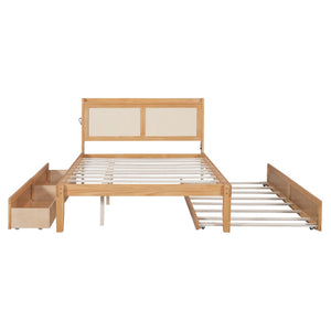 HomeRoots Natural Wood Full Bed Frame with Trundle, USB Port & Storage Drawers for Smart Bedroom Solutions 590572