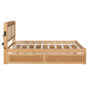 HomeRoots Natural Wood Full Bed Frame with Trundle, USB Port & Storage Drawers for Smart Bedroom Solutions 590572