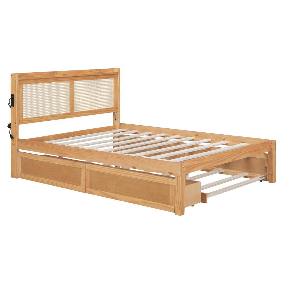 HomeRoots Natural Wood Full Bed Frame with Trundle, USB Port & Storage Drawers for Smart Bedroom Solutions 590572