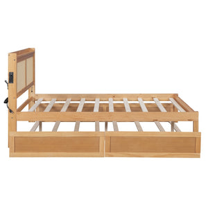 HomeRoots Natural Wood Full Bed Frame with Trundle, USB Port & Storage Drawers for Smart Bedroom Solutions 590572