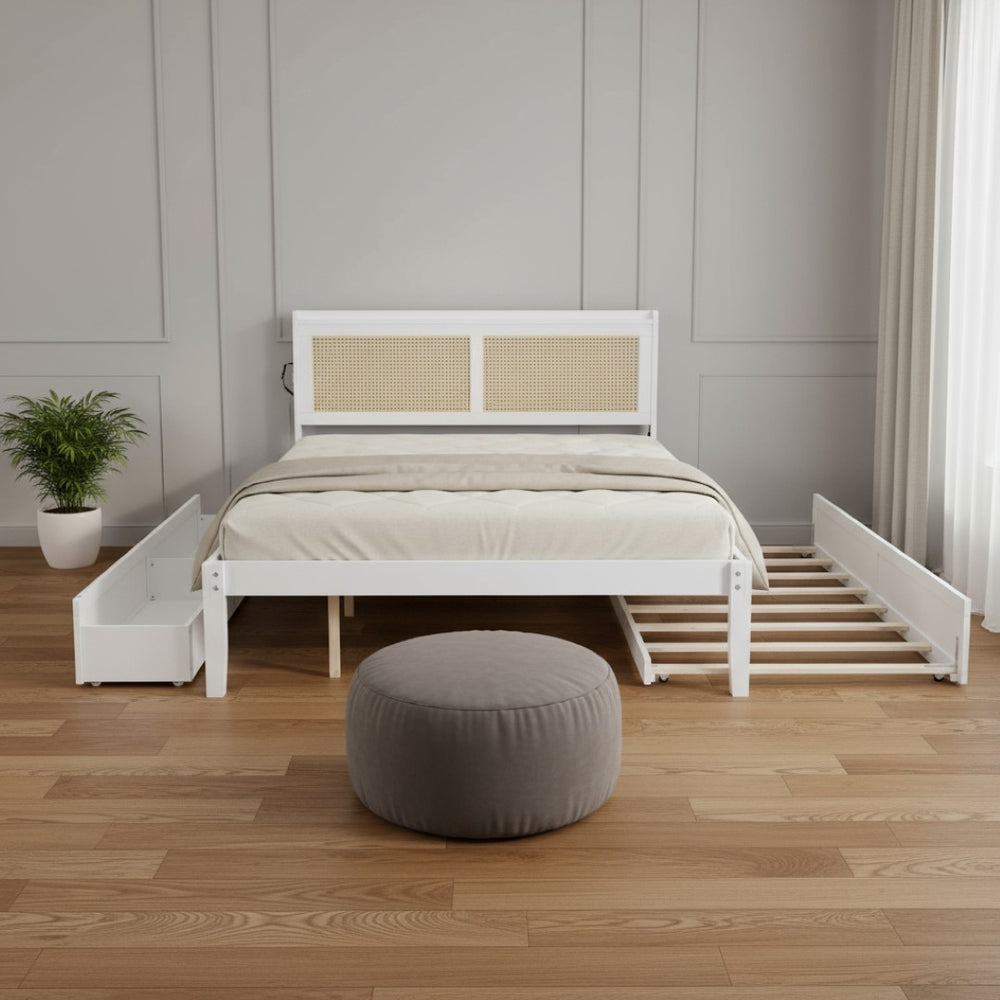 HomeRoots White Wood Queen Bed Frame with Trundle, USB Charging & Platform Design for Modern Bedrooms 590573