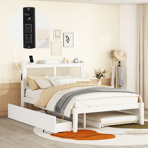 HomeRoots White Wood Queen Bed Frame with Trundle, USB Charging & Platform Design for Modern Bedrooms 590573
